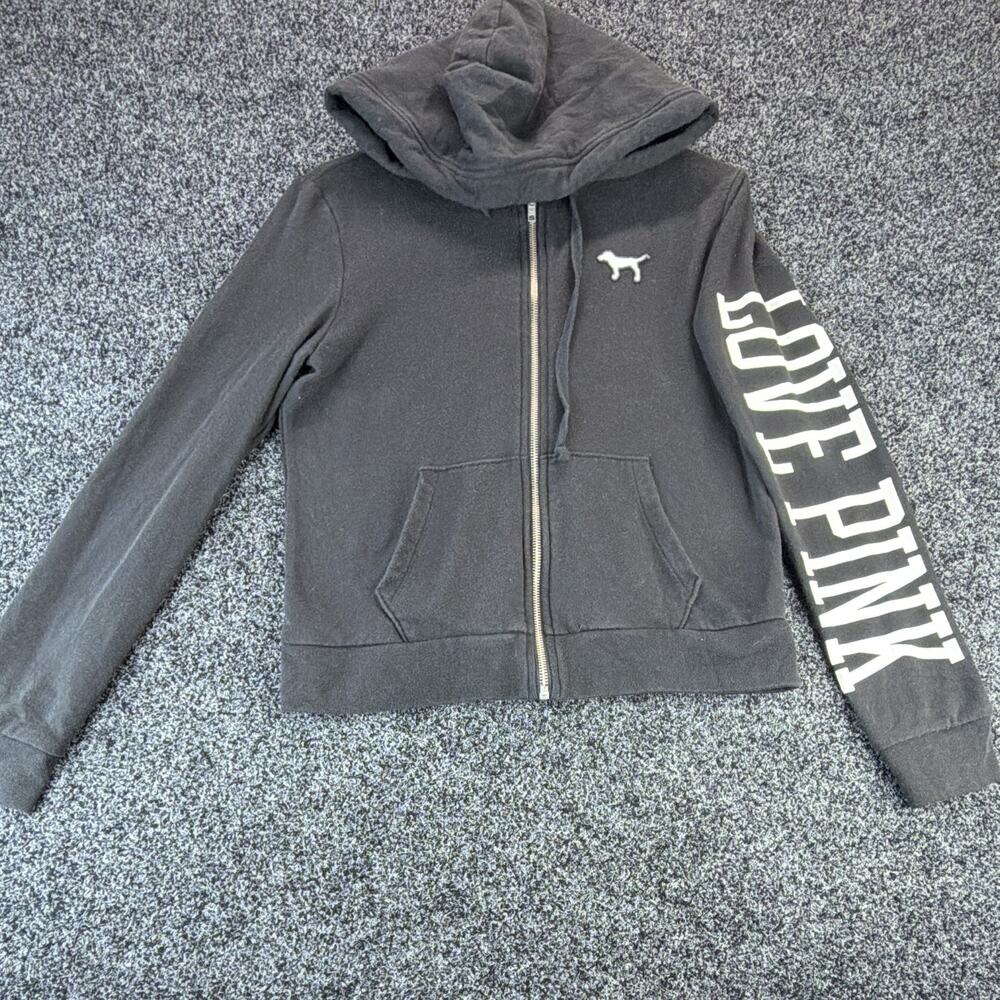 Victoria’s Secret PINK Hoodie Womens Small Black Full Zip Love Pink Sleeve Logo